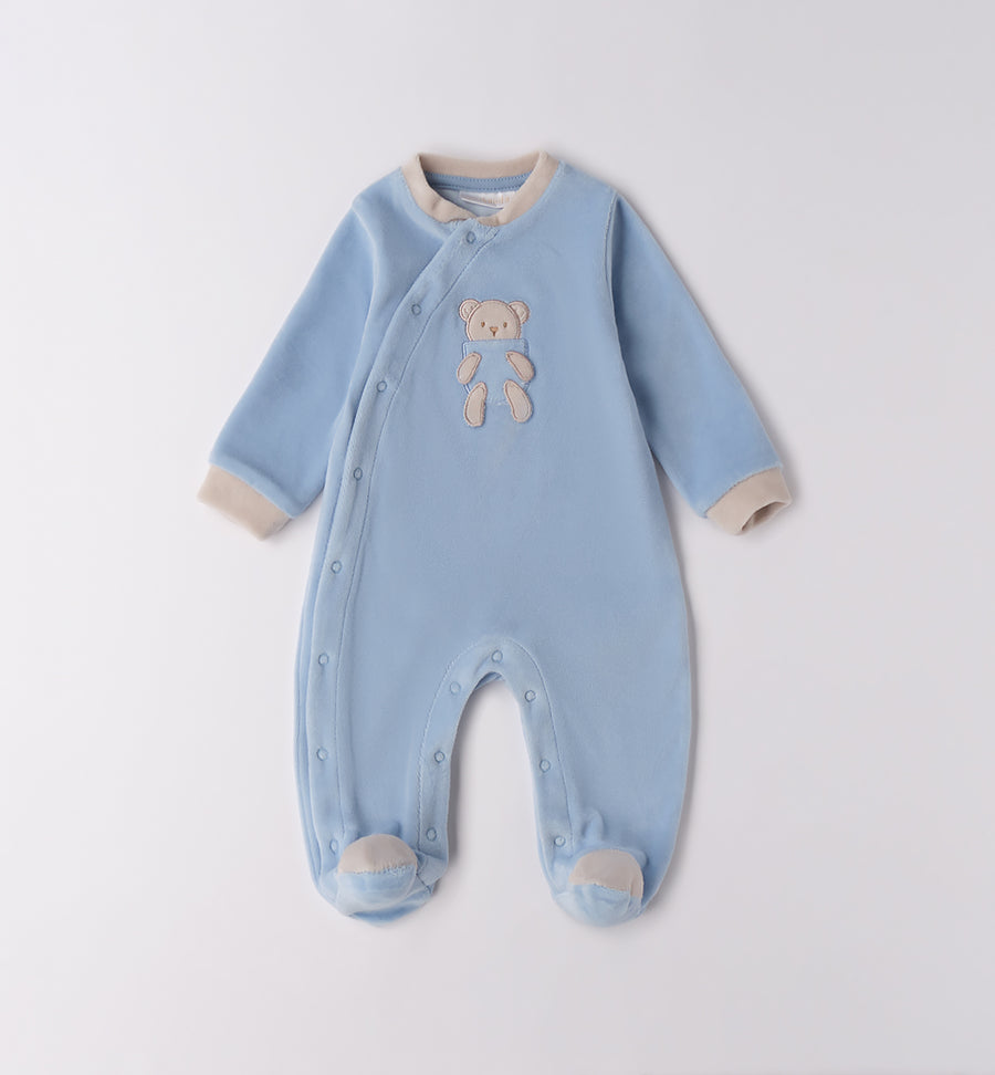 Tutina neonato ciniglia celeste con orsetto applicato