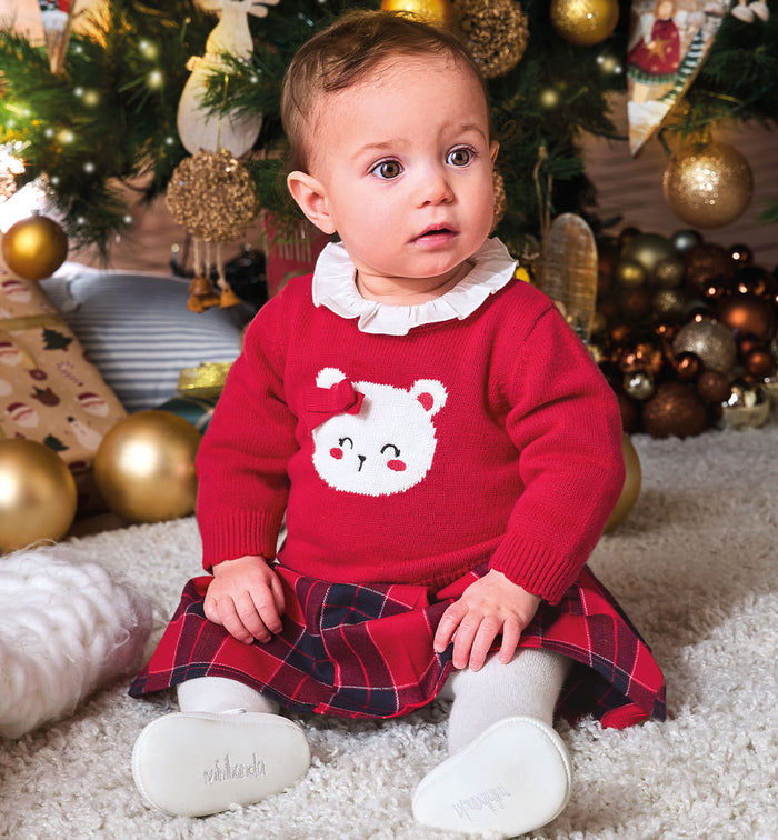 Completo natalizio bimba rosso con orsetto e gonnellina scozzese