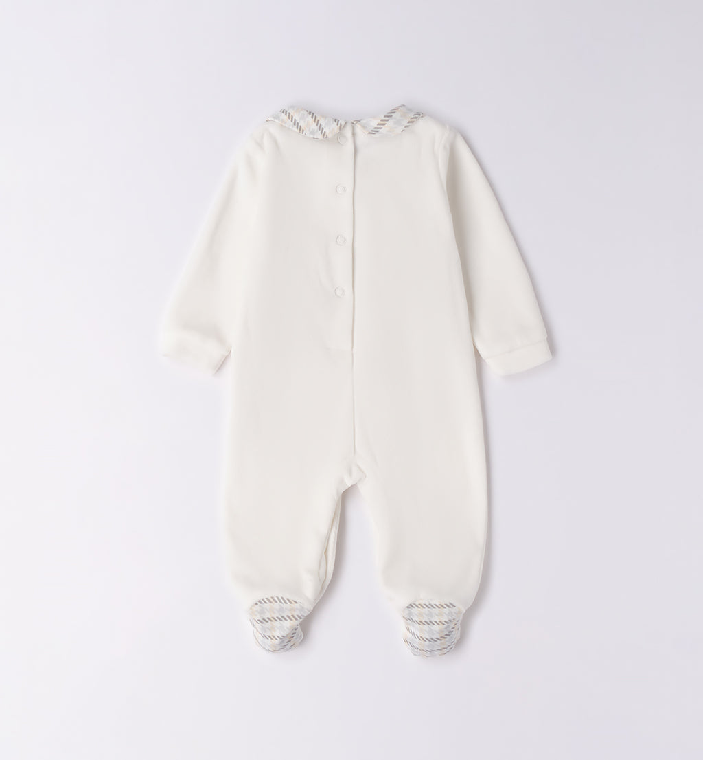 Tutina ciniglia neonata bianco latte con dettagli scozzesi