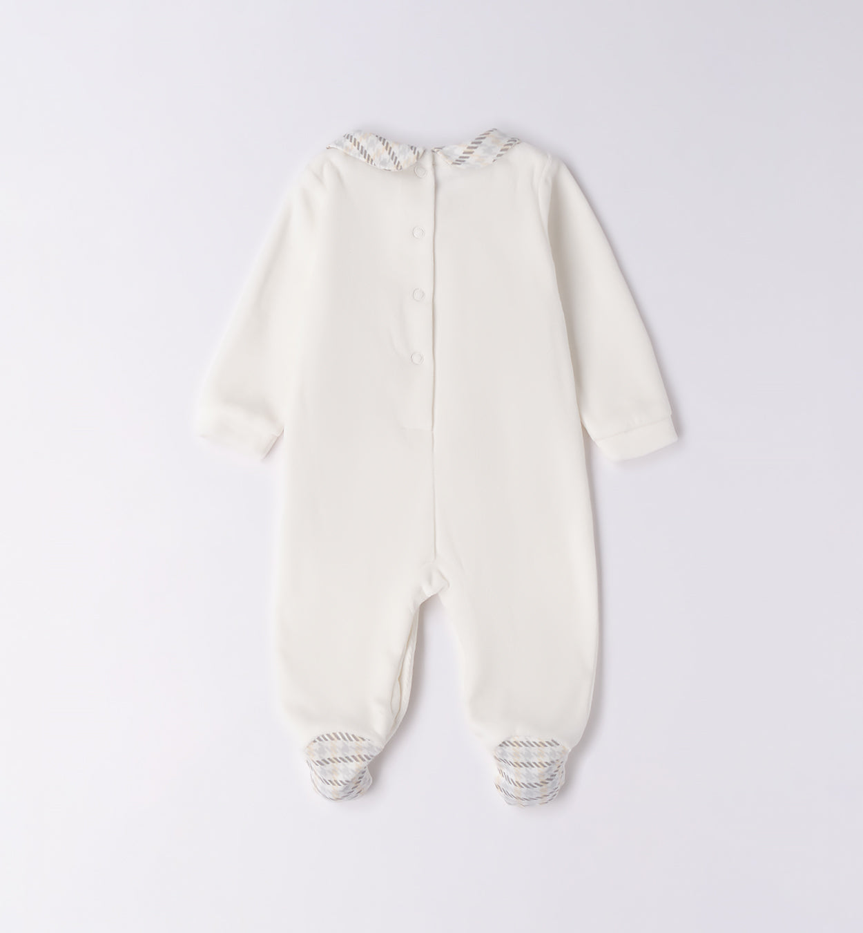 Tutina ciniglia neonata bianco latte con dettagli scozzesi