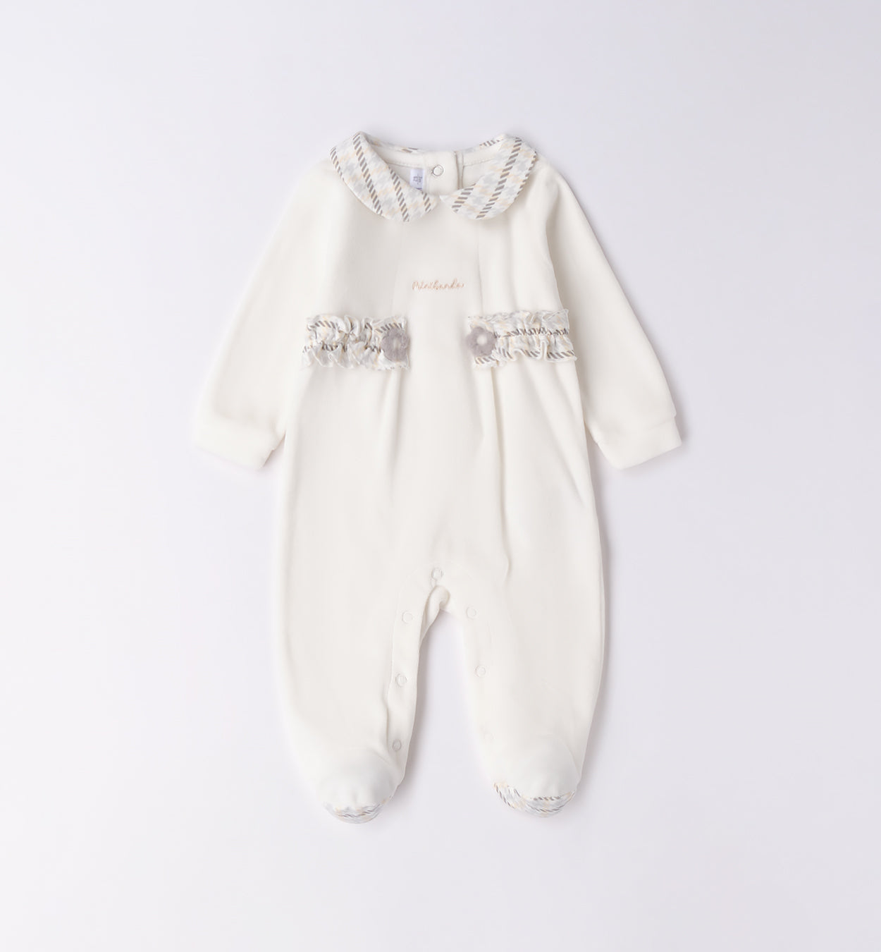 Tutina ciniglia neonata bianco latte con dettagli scozzesi