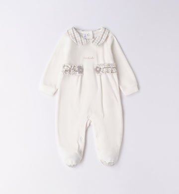 Tutina ciniglia neonata bianco latte con dettagli scozzesi