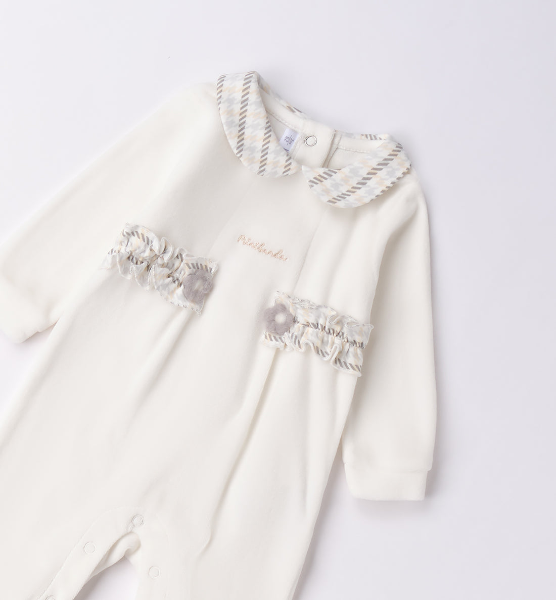 Tutina ciniglia neonata bianco latte con dettagli scozzesi
