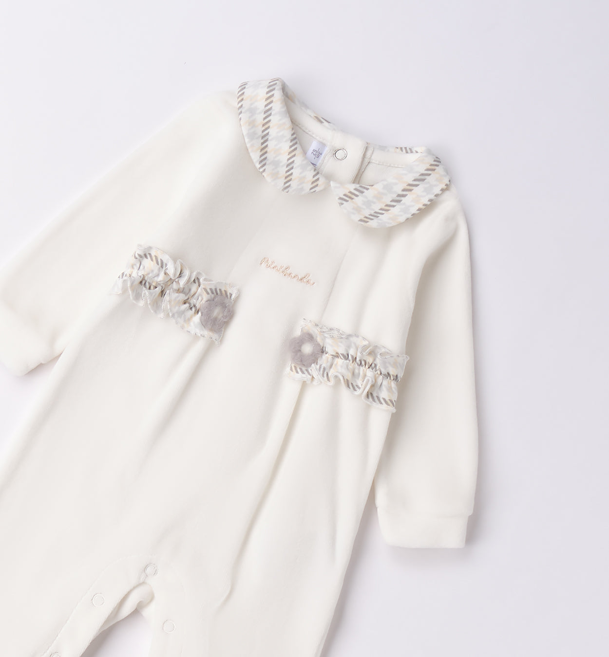 Tutina ciniglia neonata bianco latte con dettagli scozzesi