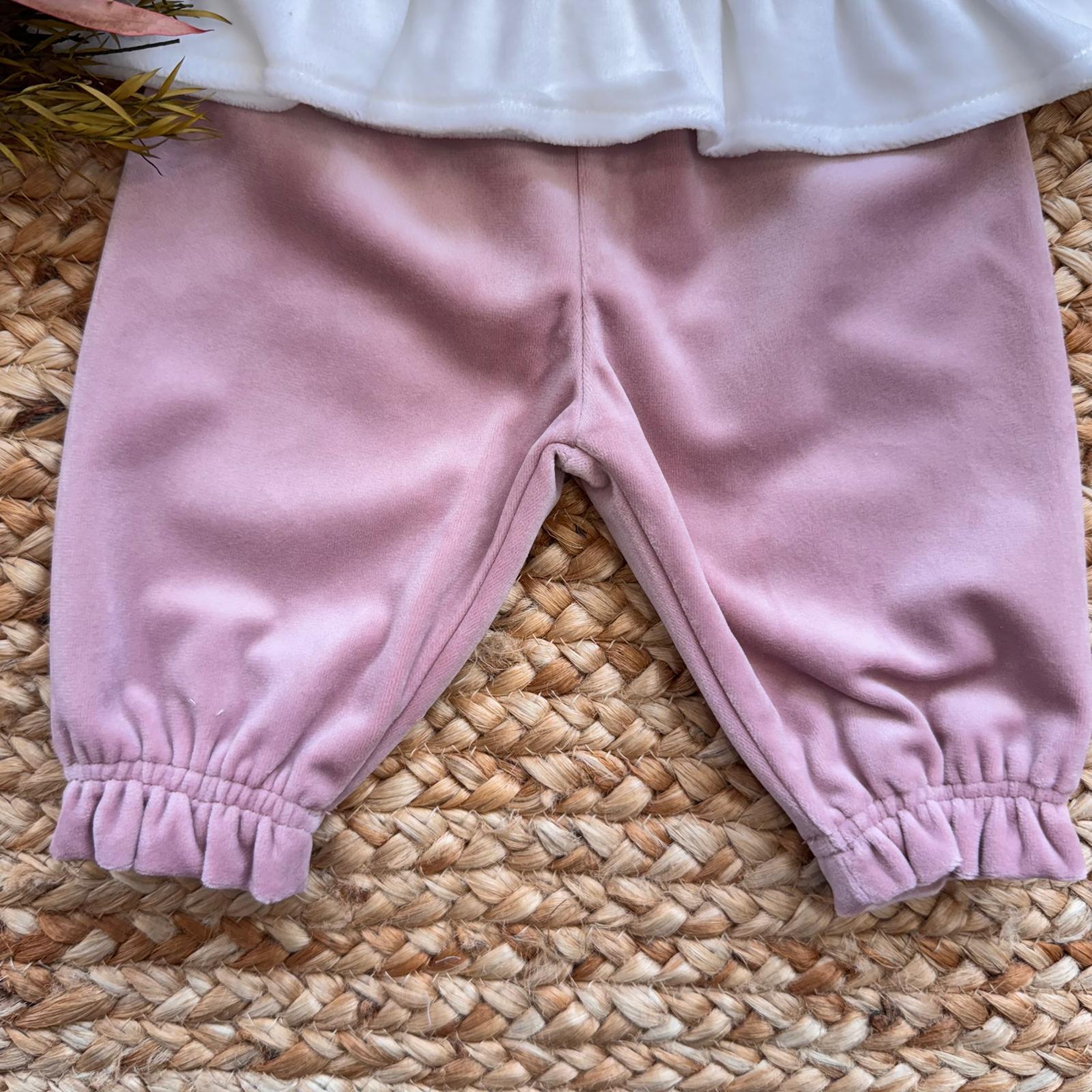 Uscita clinica neonata in ciniglia con cuore e fiocco rosa cipria
