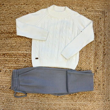 Completo bimbo panna e grigio con maglione trecce