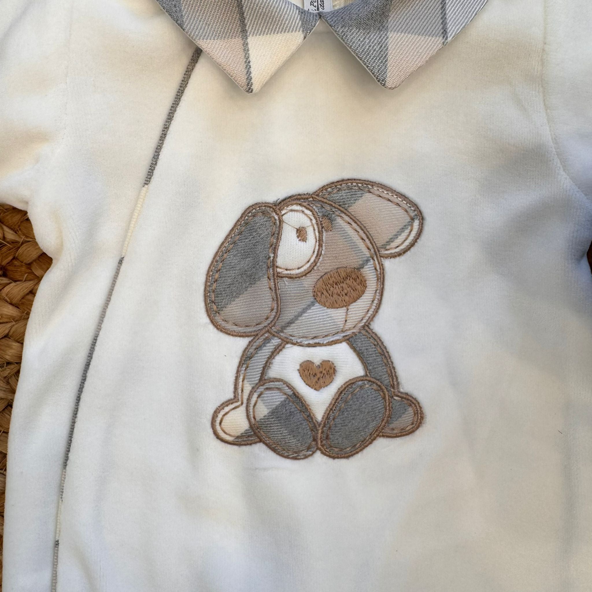 tutina neonato ciniglia panna e grigio con cagnolino