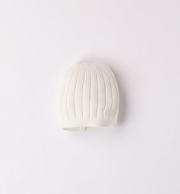 Cappellino neonato/a in lana-cotone beige e panna
