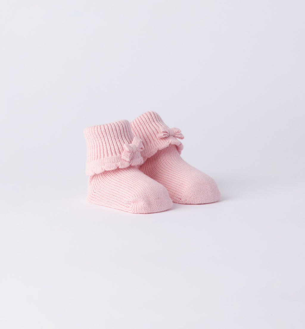 Scarpette neonata in lana-cotone rosa e panna con fiocco