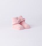 Scarpette neonata in lana-cotone rosa e panna con fiocco