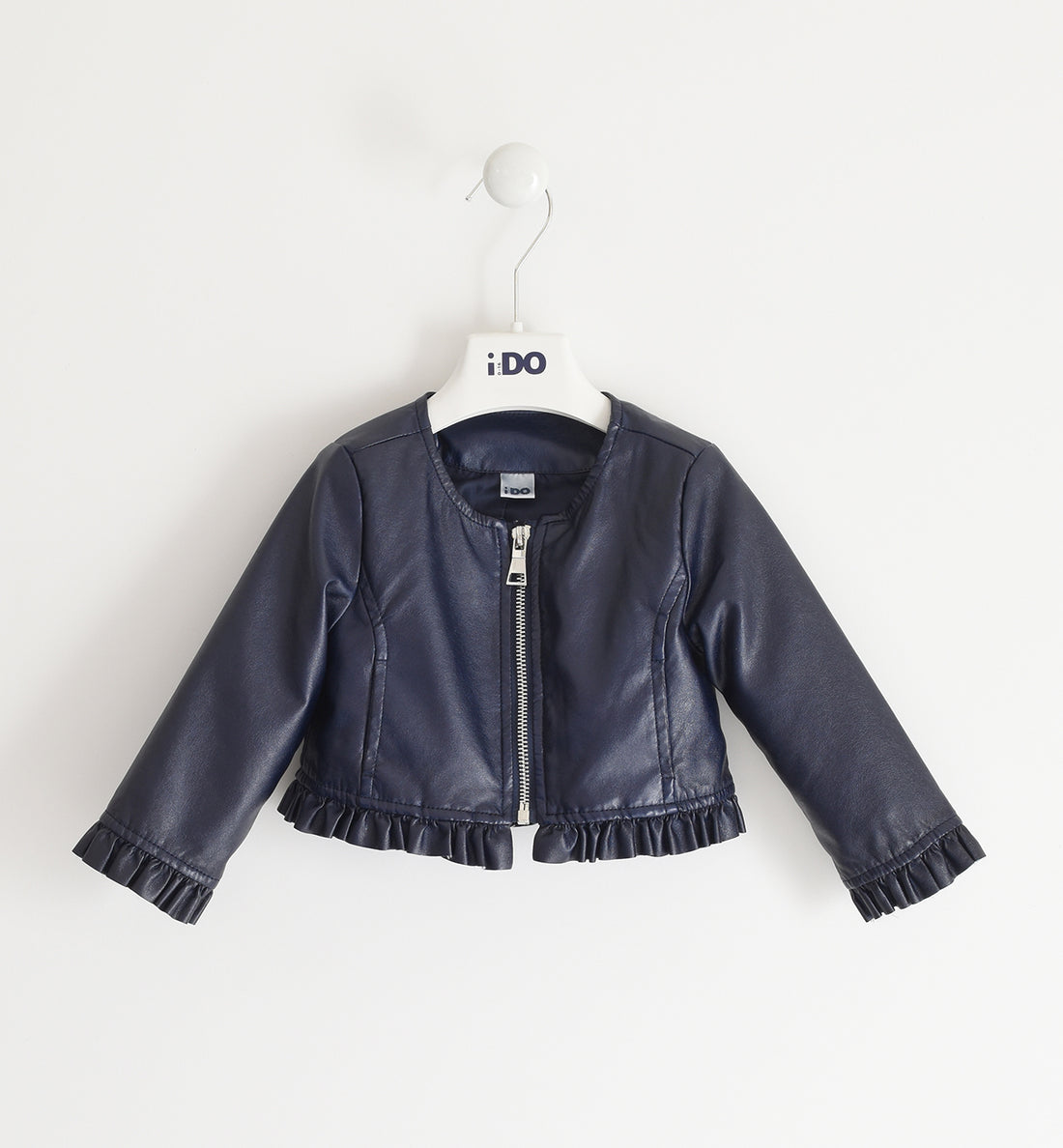Giubbotto ecopelle blu bambina con zip e volant