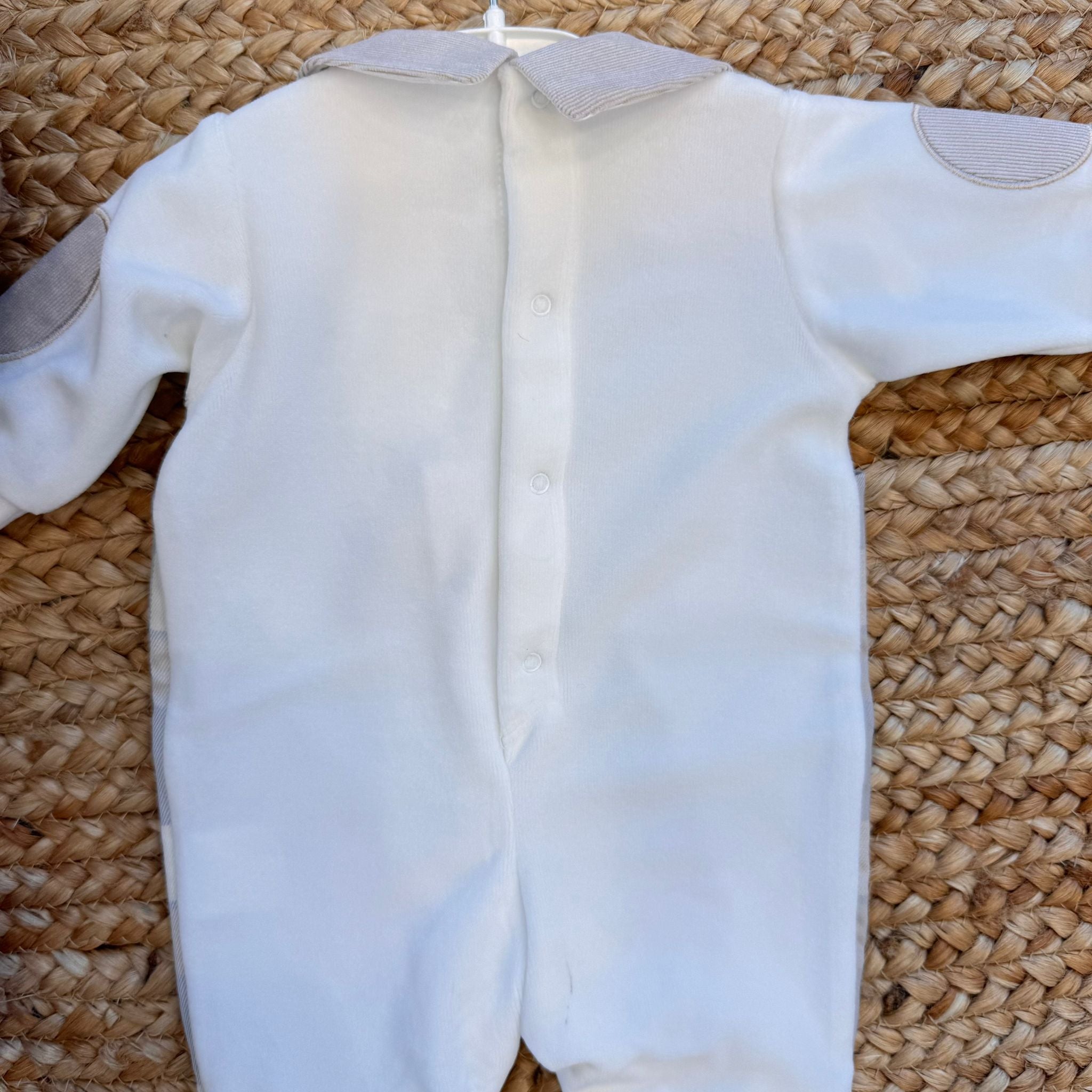 tutina in caldo cotone grigia a quadri con collo e toppe beige