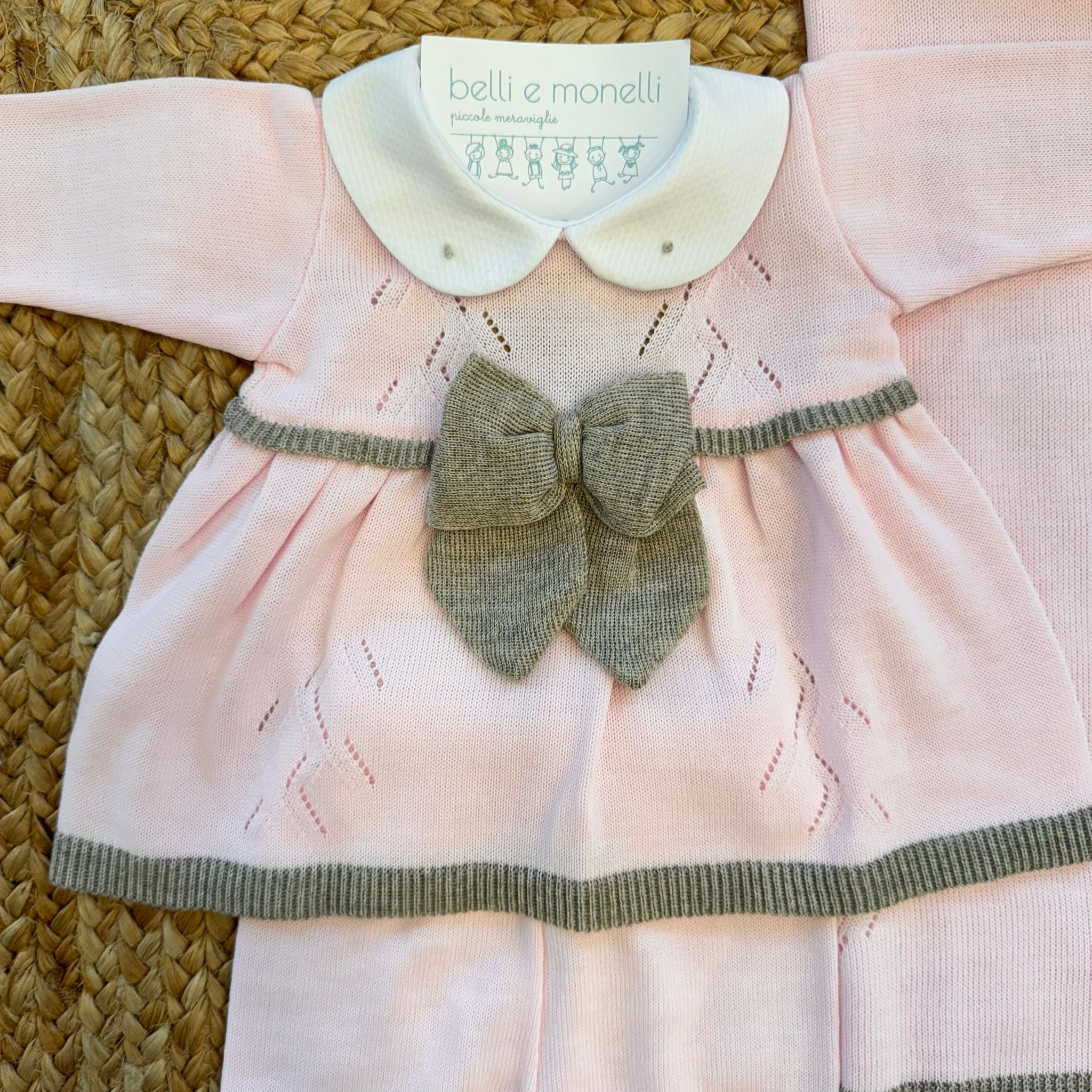 Uscita clinica neonata misto lana rosa con fiocco tortora