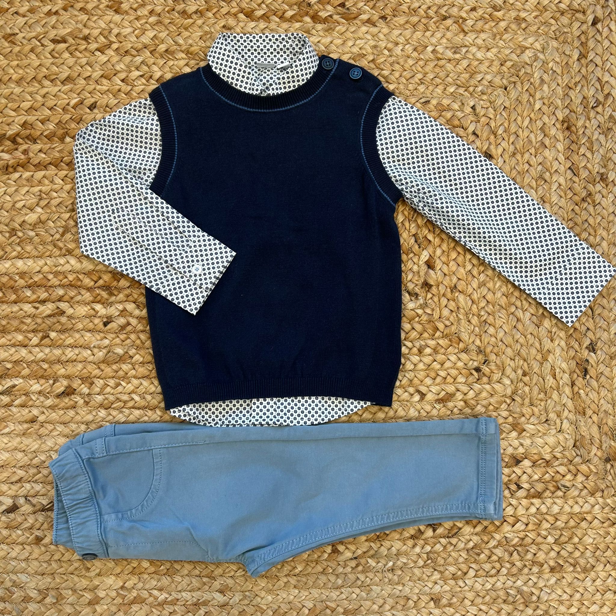 Completo bimbo camicia fantasia e gilet blu