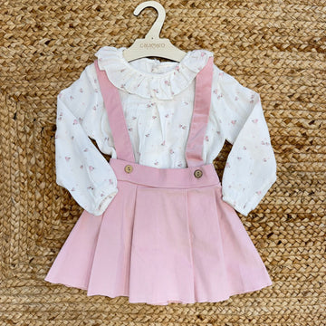 Abitino bambina camicia fantasia e gonna con bretelle rosa
