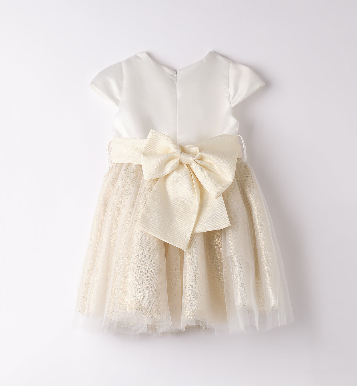 ABITO CERIMONIA BIMBA CON CORPETTO MIKADO E GONNA IN TULLE DORATA