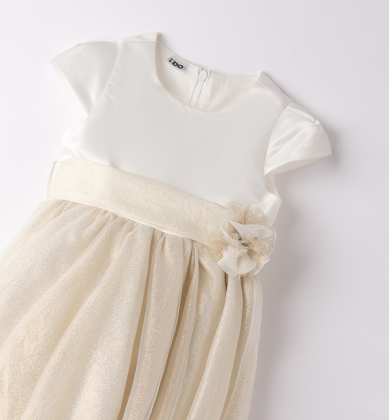 ABITO CERIMONIA BIMBA CON CORPETTO MIKADO E GONNA IN TULLE DORATA