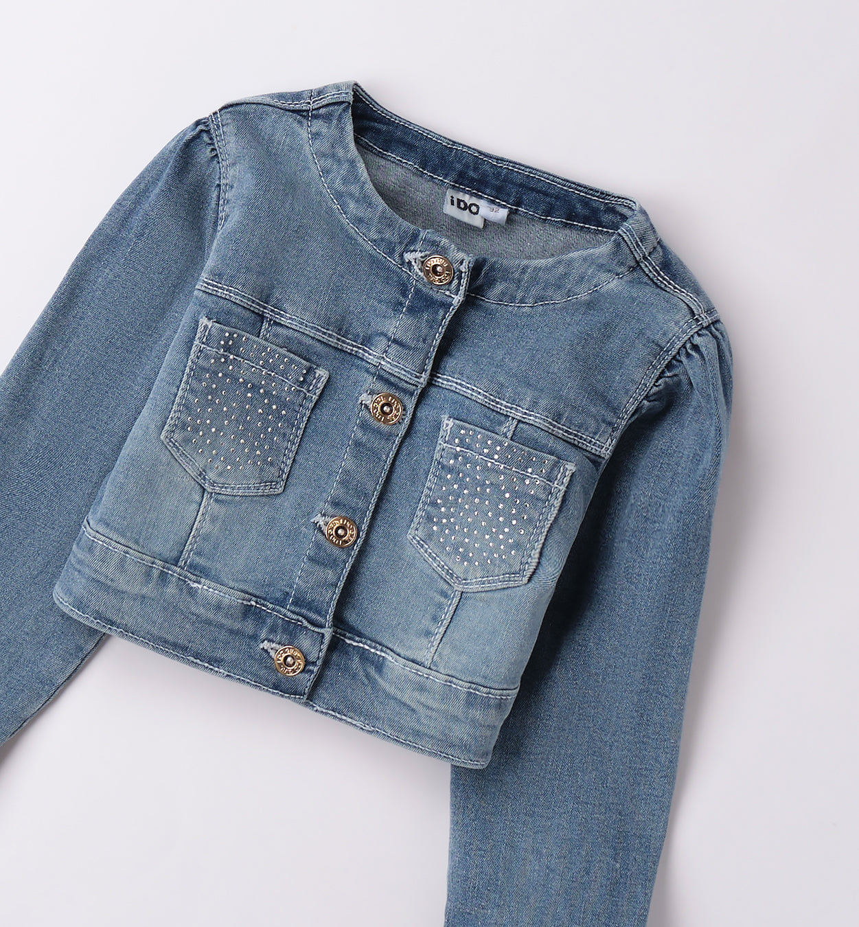 GIUBBOTTO DENIM CON STRASS E CUORE RICAMATO SUL RETRO