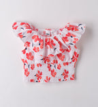 COMPLETO BIMBA T-SHIRT ROSSA CON VASETTI E SHORTS IN DENIM LEGGERO