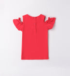 T-SHIRT ROSSA CON VOLANT E BARATTOLINI RICAMATI