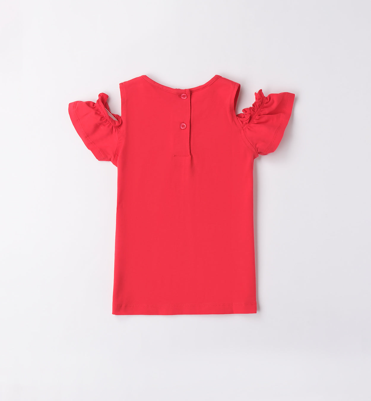 T-SHIRT ROSSA CON VOLANT E BARATTOLINI RICAMATI
