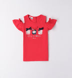 T-SHIRT ROSSA CON VOLANT E BARATTOLINI RICAMATI