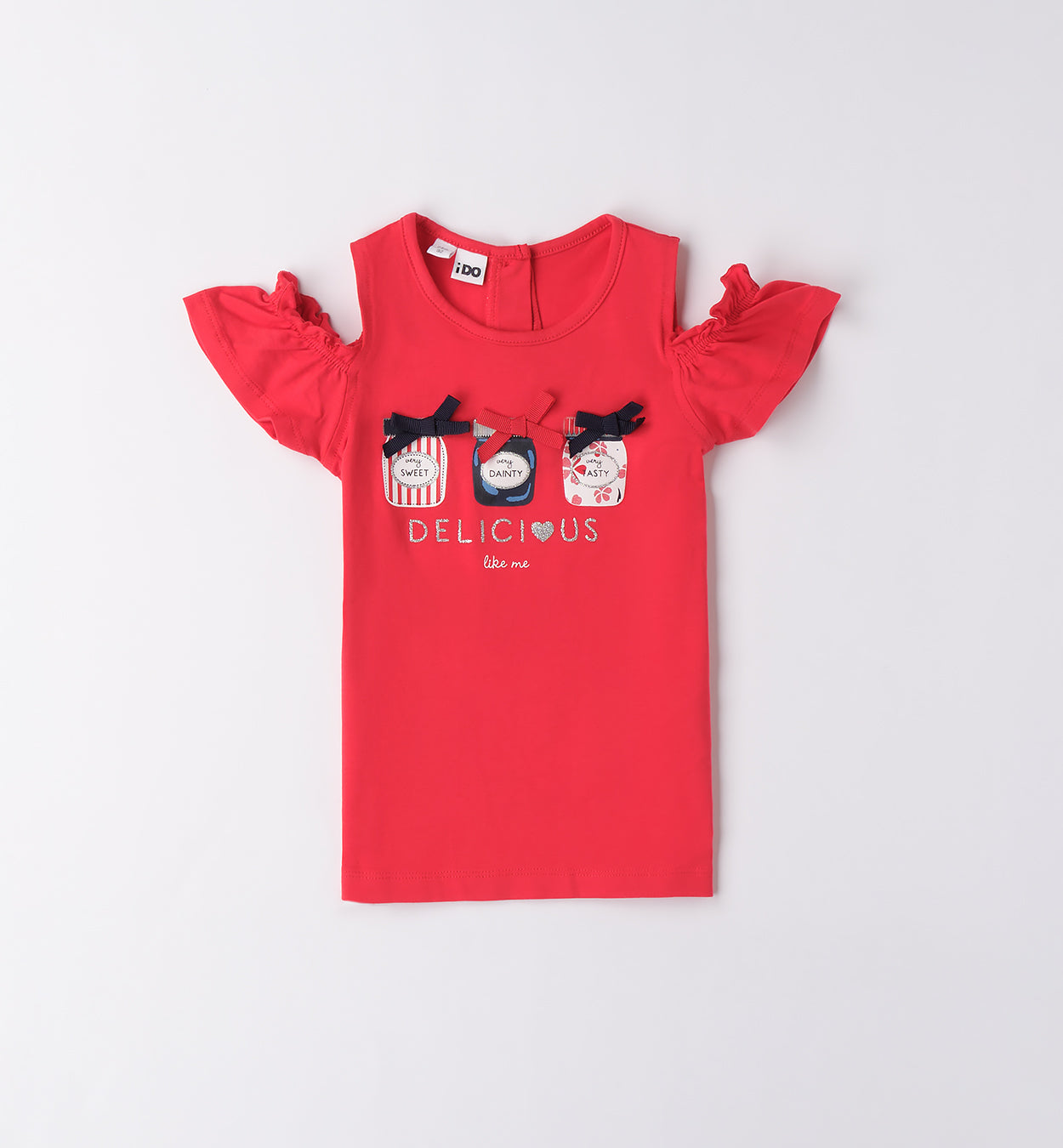 T-SHIRT ROSSA CON VOLANT E BARATTOLINI RICAMATI