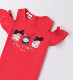 T-SHIRT ROSSA CON VOLANT E BARATTOLINI RICAMATI