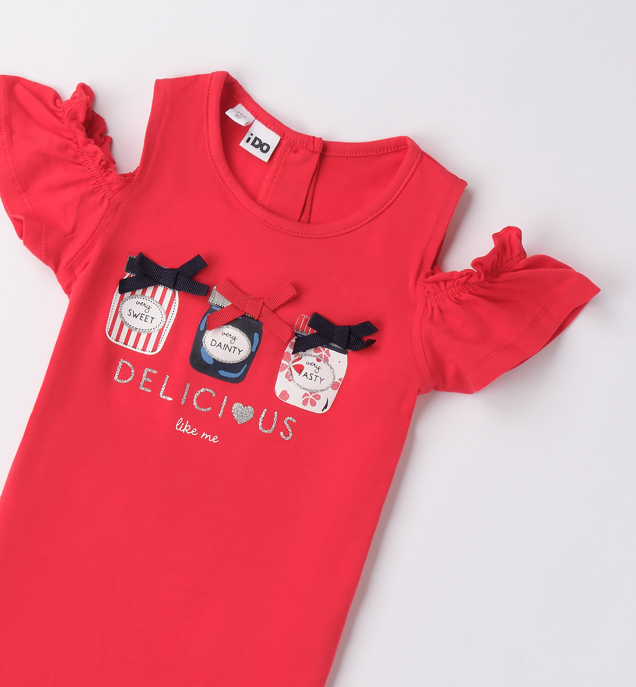 T-SHIRT ROSSA CON VOLANT E BARATTOLINI RICAMATI