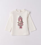 Completo bimba rosa con cardigan e pantaloni beige
