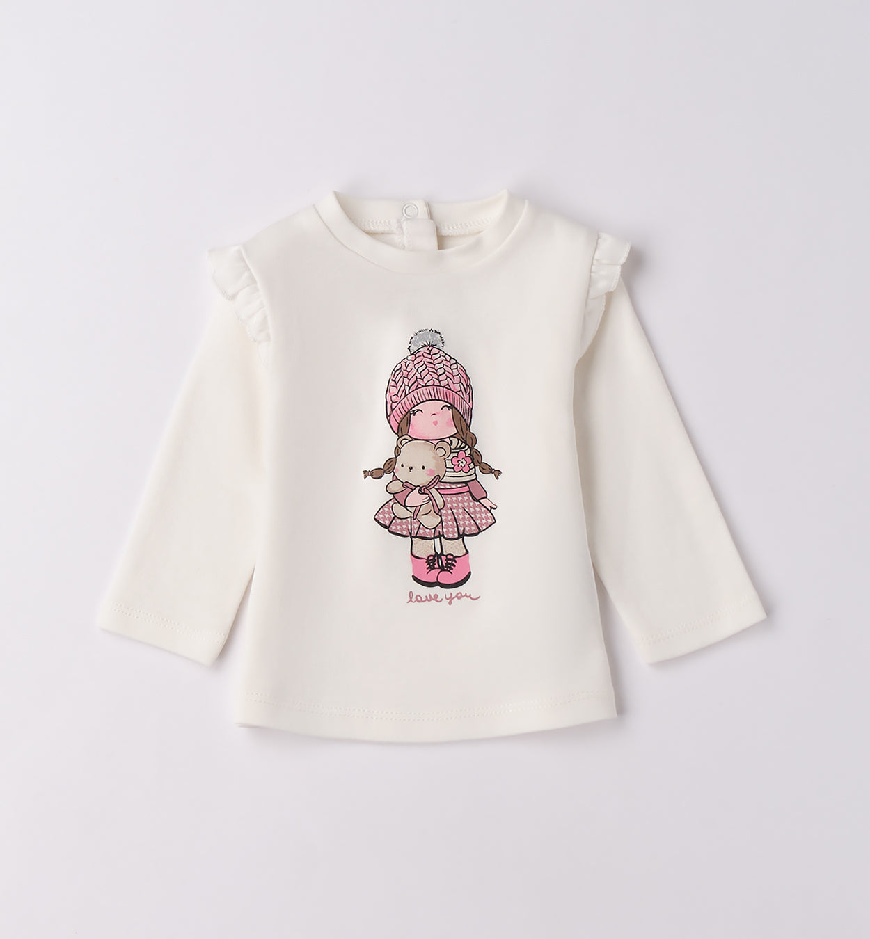 Completo bimba rosa con cardigan e pantaloni beige