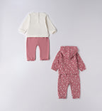 Tutina neonata due pezzi in caldo cotone rosa con orsetti e fiori