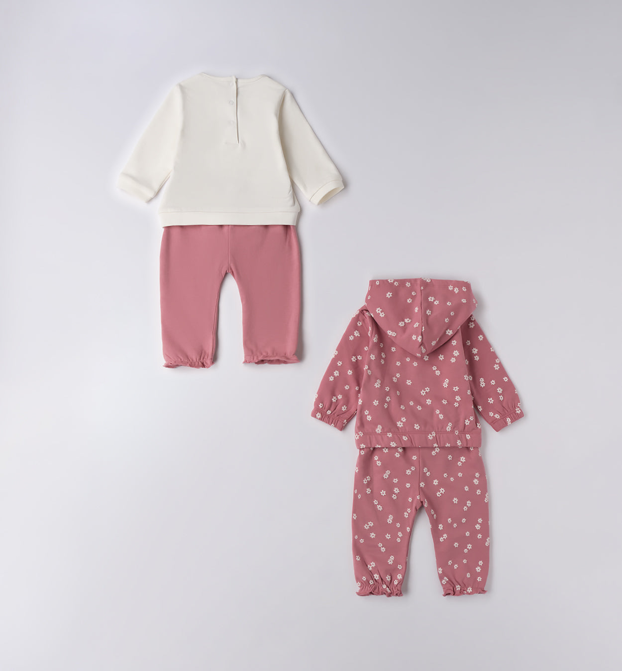 Tutina neonata due pezzi in caldo cotone rosa con orsetti e fiori