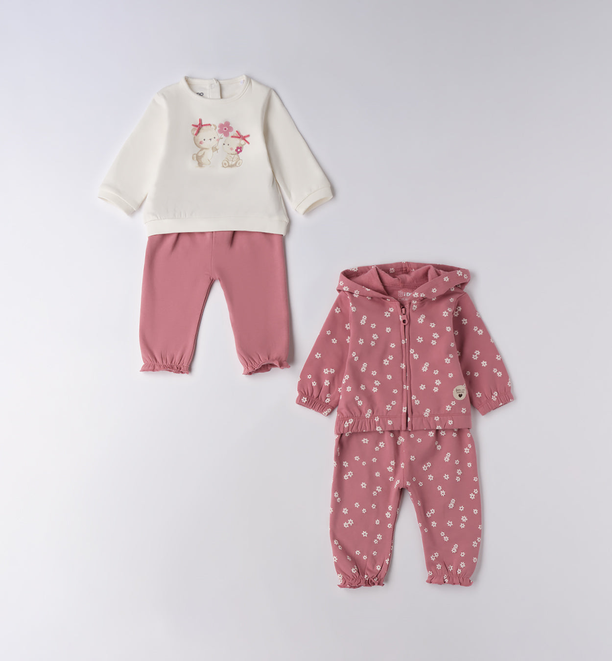 Tutina neonata due pezzi in caldo cotone rosa con orsetti e fiori