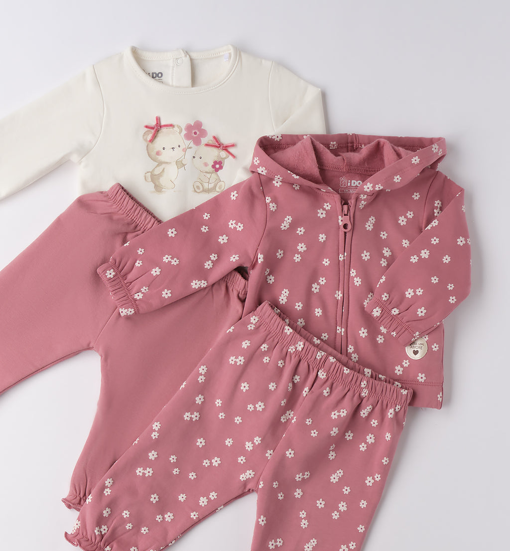 Tutina neonata due pezzi in caldo cotone rosa con orsetti e fiori