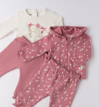 Tutina neonata due pezzi in caldo cotone rosa con orsetti e fiori
