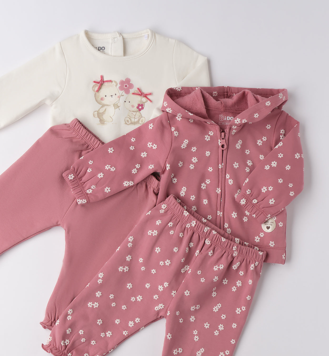 Tutina neonata due pezzi in caldo cotone rosa con orsetti e fiori