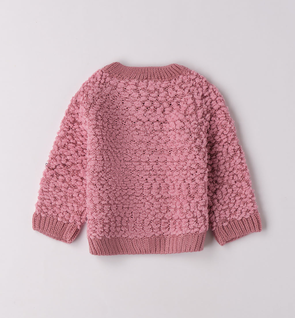 Completo bimba rosa con cardigan e pantaloni beige