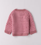 Completo bimba rosa con cardigan e pantaloni beige