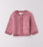 Completo bimba rosa con cardigan e pantaloni beige