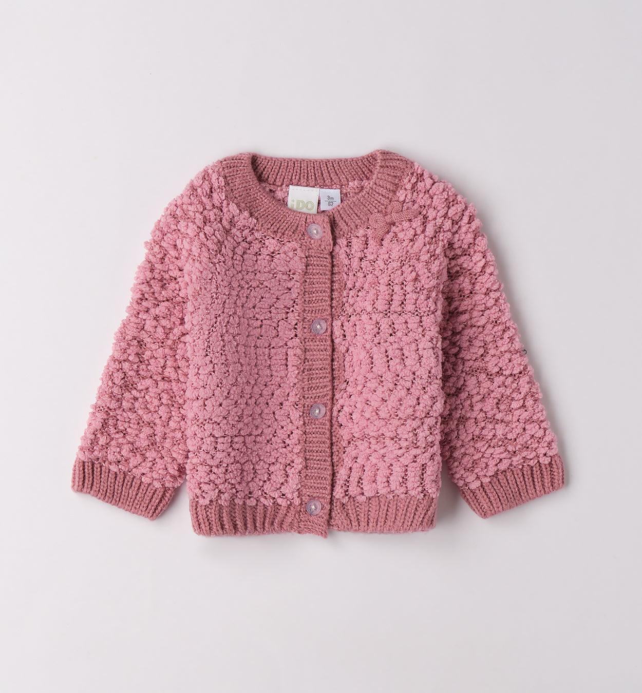 Completo bimba rosa con cardigan e pantaloni beige