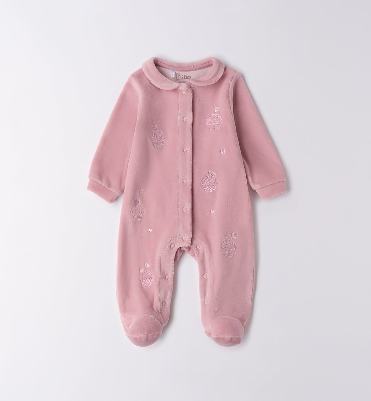 Tutina ciniglia rosa con ricami cupcake