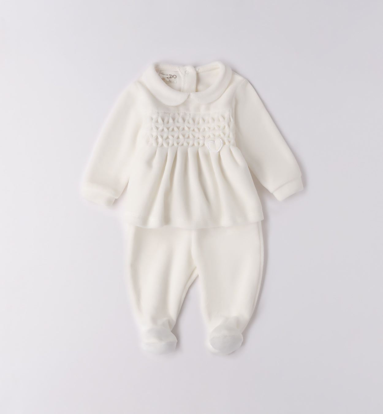 Tutina panna in ciniglia neonata con lavorazione a nido d’ape