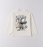 Completo casual chic bimbo con felpa azzurra e pantaloni beige