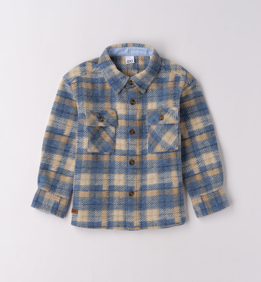 Completo casual chic bambino camicia a quadri blu e beige