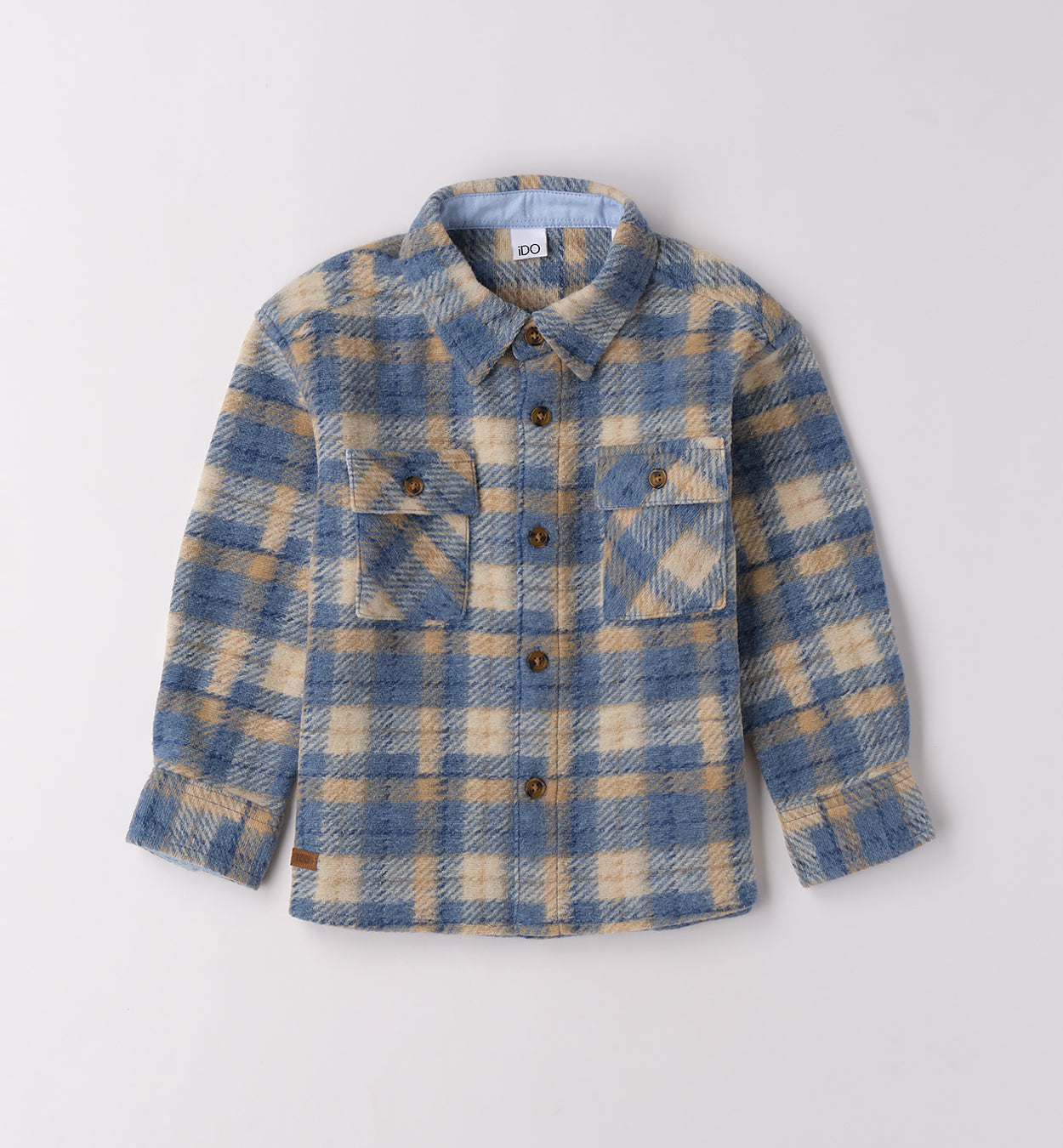 Completo casual chic bambino camicia a quadri blu e beige