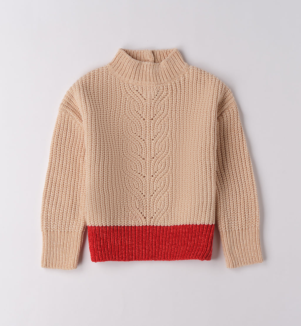 Maglione bambina beige con bordo rosso