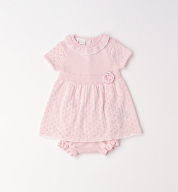 Abito con culotte neonata rosa 100% cotone con colletto volant e fiore applicato