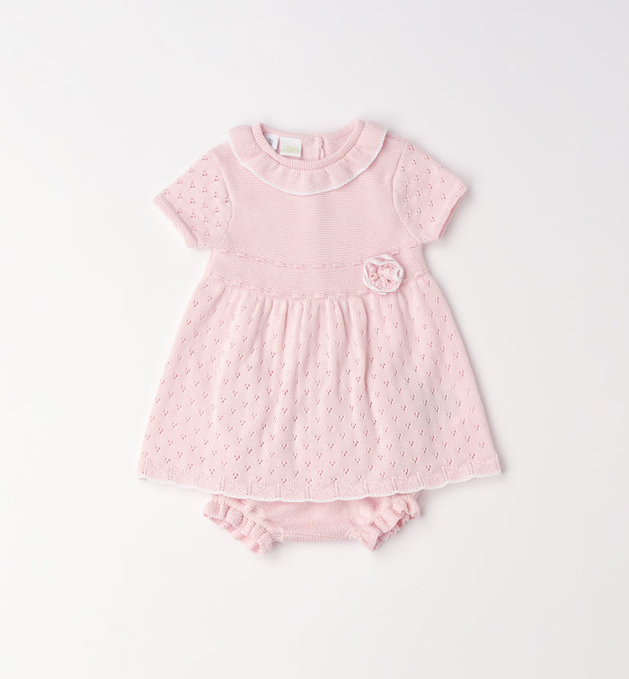 Abito con culotte neonata rosa 100% cotone con colletto volant e fiore applicato