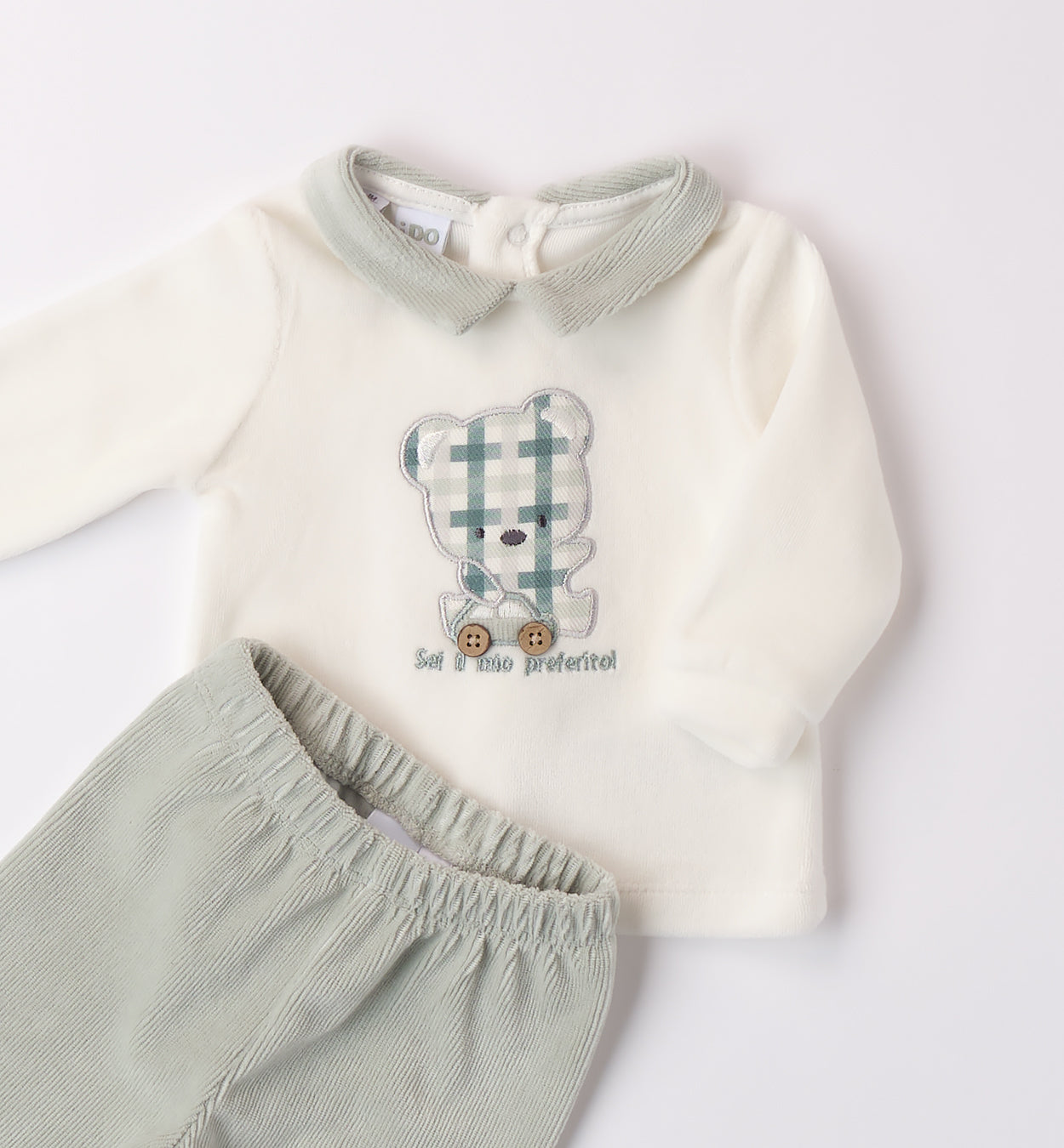 Tutina neonato caldo cotone con orsetto verde